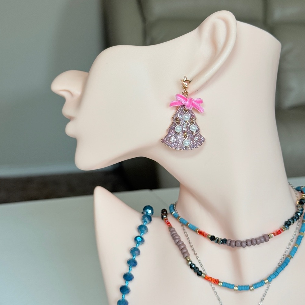 Pink Bow Crystal Tree Drop Earrings